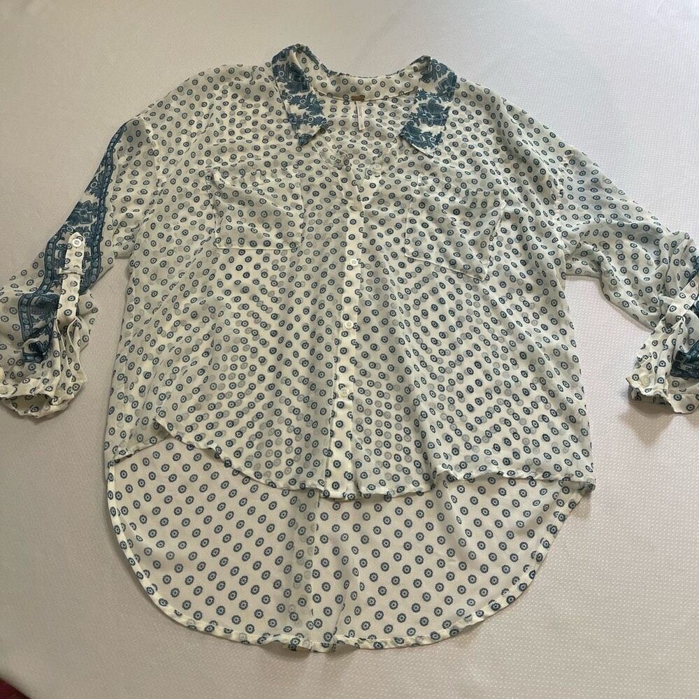 Free People Sheer Blue White Tunic Top Blouse Size Small
